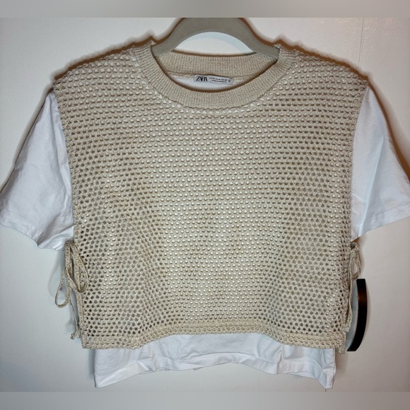 Zara Combination White/Tan w/Gold Flecks Side Tie Tee Vest Top Size Medium - Picture 1 of 8